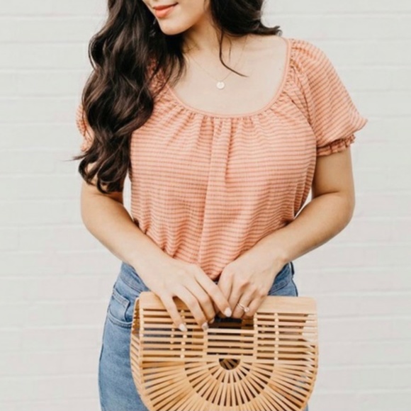Madewell TeXture & Thread Ribbed Stripe Scoop Neck Ruched Retro Top Shirt - Picture 1 of 15